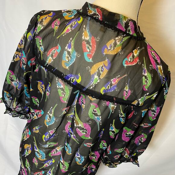 Uttam Boutique Sheer Colorful Bird Tie Neck Button Down Blouse Size Medium - Picture 12 of 15